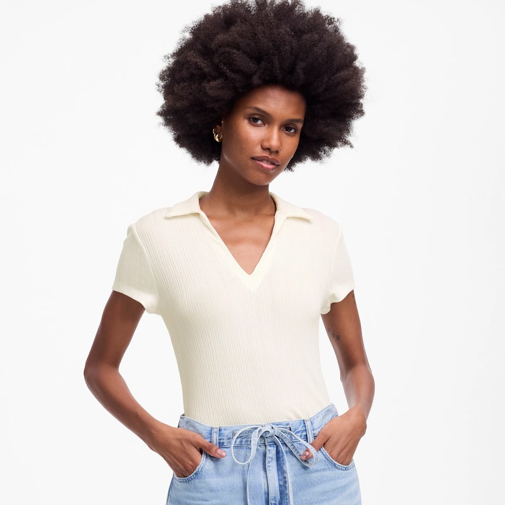 Madewell White Ribbed V-Neck Polo Tee